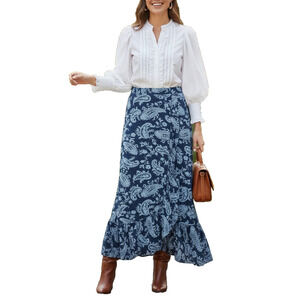 Talbots Womens Faux Wrap Maxi Skirt Knit Ruffle Blue White Paisley Pull On L